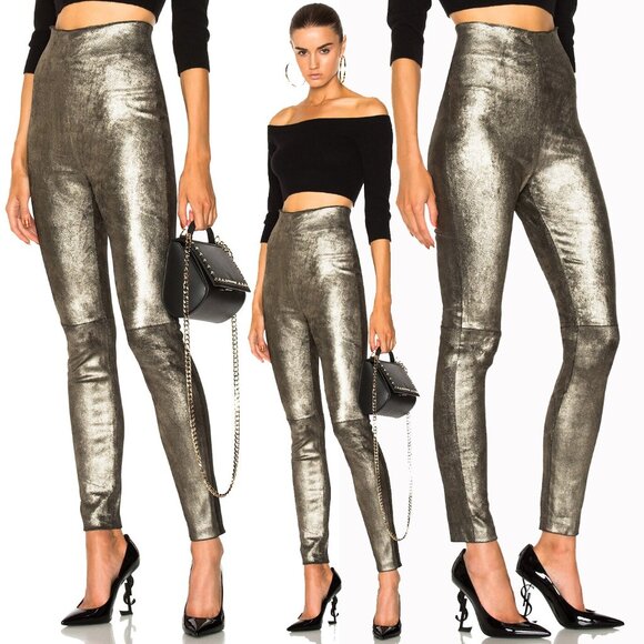 💋CHIC &SEXY💋Genuine Stretchy Lambleather Skinny Trousers in Metallic Silver